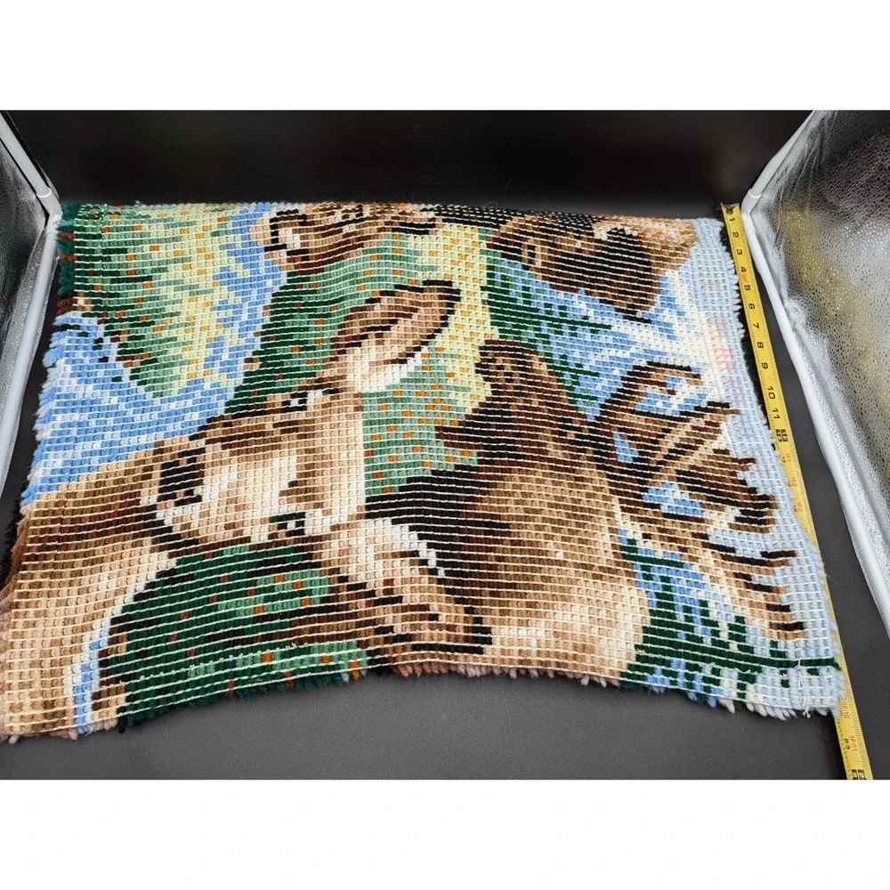 RARE VTG Latch Hook Rug Wall Hanging Moose Deer Bison Bear Mountain Lion Stream